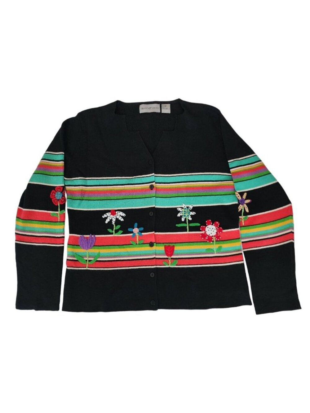 Sharon Young Vintage Striped Embroidered Floral Button Front Cardigan‎ Women's L - Picture 2 of 11